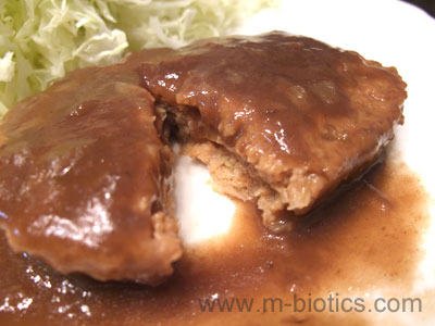 三育フーズ　野菜大豆バーグ照り焼き味　レビュー　皿に盛り付けて半分に割ったところ