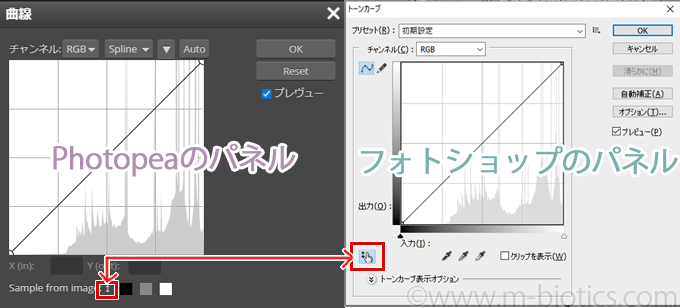 photopea トーンカーブ　フォトショップと比較