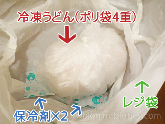 コープ 愛知県小麦きぬあかり冷凍うどん 梱包したところ 中身